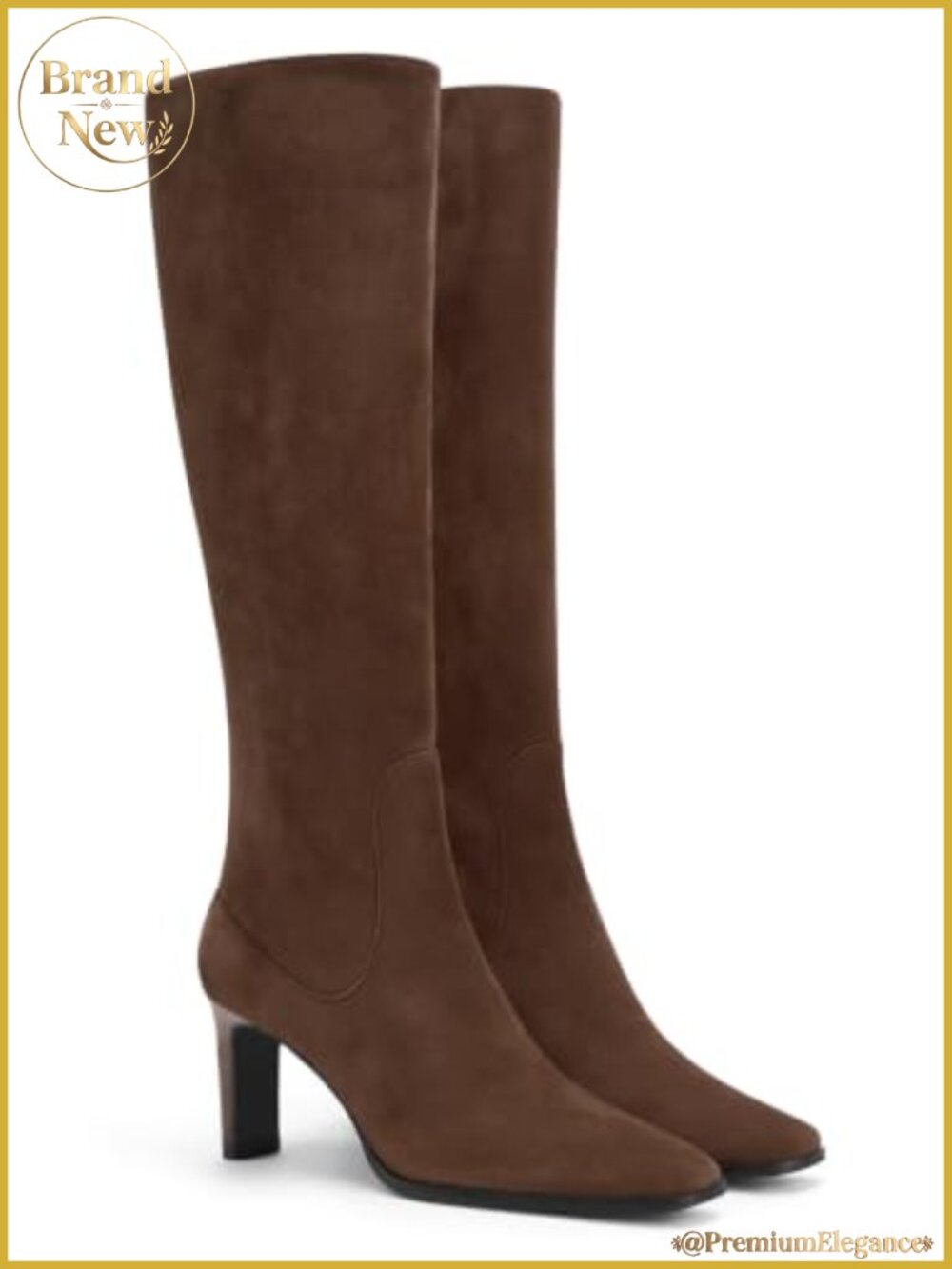 Faux Suede Knee High Boots Square Toe Chunky Heel Tall Dress Boots